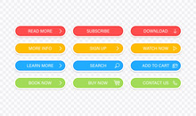 Big Collection Buttons Read More, Learn More, Download, Subscribe, Buy Now, Sign Up, Search, Conatact Us. Different Colorful Button Set. Web Icons. Vector Illustration.