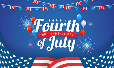 Wall Mural - Happy 4th of July, USA Independence Day greeting card vector design. American bunting garland and flag on blue background 