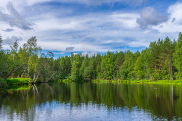 picturesque summer landscape with northern river and forest in summer cloudy day. travelling and dis