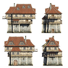 Frontside Medieval Houses Set. 3D Illustration