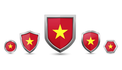 Set of vietnam country flag with metal shape shield badge