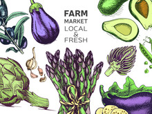 Eco Shop Farm Product. Vector Sketch Vegetables. Organic Farm Shop.
