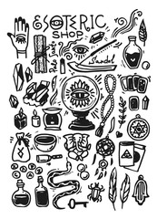 Esoteric shop doodles collection. Illustration with hand drawn magic elements.