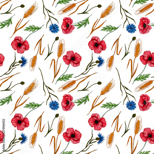 Watercolor seamless pattern with wildflowers and spikes of wheat. Watercolor ...