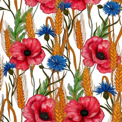 Watercolor seamless pattern with wildflowers and spikes of wheat. Watercolor ...