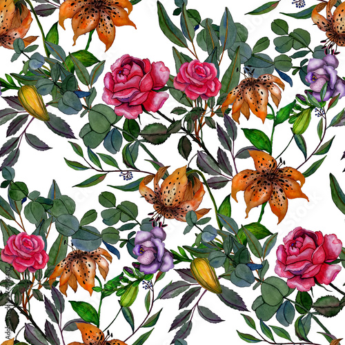 Watercolor seamless pattern with flowers and leaves. Vintage floral pattern. ...