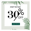 Tropical summer palm tree leaves with 30 % discount. Sale banner template design. Big sale special offer. 30 percent discount special banner for poster, flyer, brochure, sticker. Vector illustration.