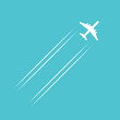 © madedee - Flying plane icon isolated in blue sky with trails