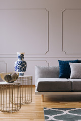 Wall Mural - Grey monochrome living room interior with blue accents