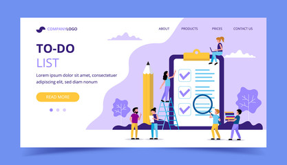 To do list landing page. Big page with check marks and pencil. Concept illustration for time and project