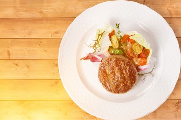 Sticker - Grilled Beef Steak Meat with Fried Potato, Asparagus and Cherry Tomato. Steak Dinner. Food