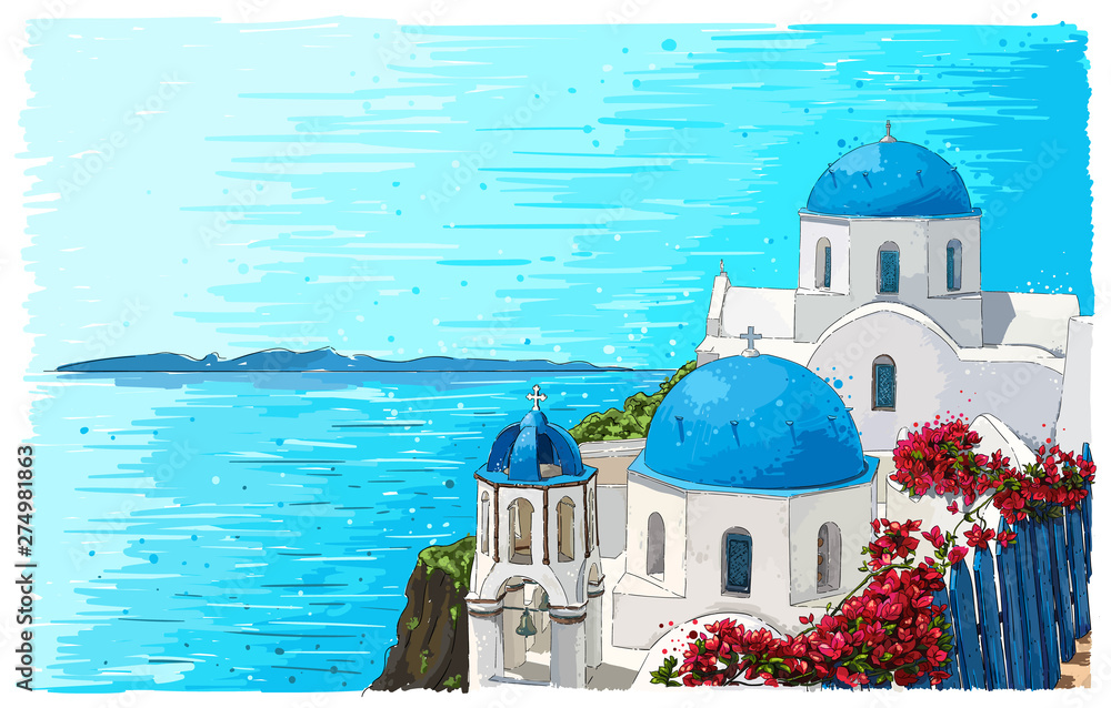 Greece summer island landscape with traditional greek church. Santorini hand drawn vector horizontal background. Picturesque sketch. Ideal for cards, invitations, banners, posters. - obrazy, fototapety, plakaty 