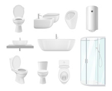 Bathroom Collection. Washroom Toilet Sink Modern White Objects Of Bathroom Vector Realistic Pictures. Washroom And Bathroom, Sink And Toilet Illustration