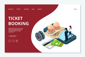 Wall Mural - cinema ticket booking web page template. vector isometric cinema landing page. illustration of booki