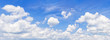 Panorama of a summer sky with fanciful cumulus clouds
