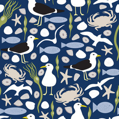 Wall Mural - Seamless repeat vector pattern featuring shore and ocean animals