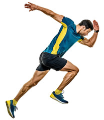 one caucasian handsome mature man running runner jogging jogger isolated on white background