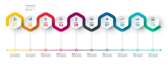 Hexagon label with color line linked infographics.