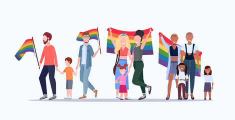 Wall Mural - gays and lesbians with children holding rainbow flag lesbian gay same sex mix race parents group love parade lgbt pride festival concept flat full length horizontal