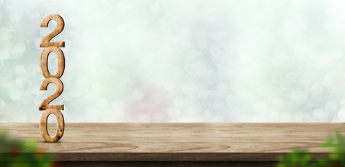 Poster - New year 2020 wood number (3d rendering) on wooden table at blur abstract green bokeh background,Mock up banner space for display or montage of product,holiday celebration greeting card.