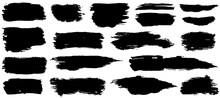Vector Collection Of Artistic Grungy Black Paint Hand Made Creative Brush Stroke Set Isolated On White Background. 