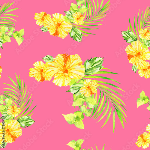Tropical Floral Seamless Pattern On Pink Background Yellow Hibiscus Flowers And Green Palm Leaves Watercolor Plants Stock Illustration Adobe Stock Choose from over a million free vectors, clipart graphics, vector art images, design templates, and illustrations created by artists worldwide! tropical floral seamless pattern on