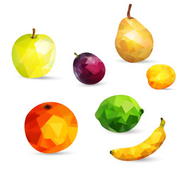 Wall Mural - Fruits apple, lime, orange, pear, banana and plum berries and apricot in low poly style isolated on white background