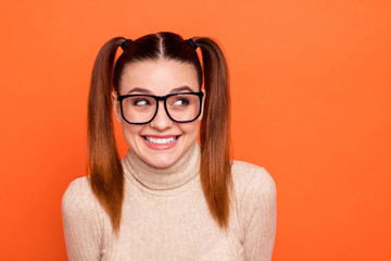 Sticker - Close up photo charming cute youth millennial college lady studying learning ponder minded have free time rest relax weekend wears specs fashionable trendy turtleneck enjoy isolated orange background