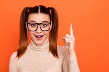 Wall Mural - Close up photo cute funny funky lady people pigtails ponytail astonished ponder impressed wonder omg wow scream unbelievable unexpected trendy stylish turtleneck specs isolated orange background