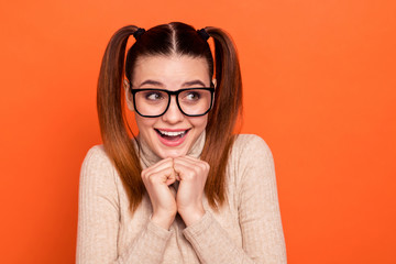 Sticker - Close up photo charming teen want expect think imagine inspired contemplate impress astonish wonder incredible news eyewear eyeglasses turtleneck unexpected stylish trendy isolated orange background