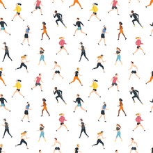 Seamless Pattern With Running People Or Athletes On White Background. Backdrop With Men And Women Performing Physical Exercise. Flat Cartoon Colorful Vector Illustration For Wrapping Paper, Wallpaper.