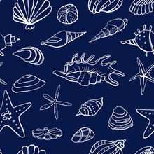 Collection Of Sea Marine Ink Doodles On Blue Backdrop. Seamless Pattern. Endless Texture. Can Be Used For Printed Materials. Vacation Holiday Background. Hand Drawn Design Elements. Festive Print.