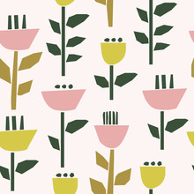 Seamless Pattern With Stylized Applique Flowers In Scandinavian Style. Decorative Print For Textile, Fabric And More. Vector Background, Clipart.