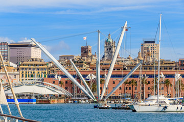 Genoa harbors with panoramic lift situated in the middle of Genoa's Porto, Italy