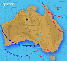 Wall Mural - weather forecast of australia. meteorological weather map of the australia. realistic synoptic map w