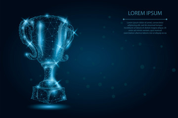 Abstract polygonal Trophy cup. Low poly wireframe vector illustration. Champions award for sport victory. First place, success in competition, celebration ceremony symbol.