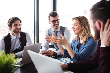 Wall Mural - A group of young business people with laptop sitting in an office, talking.