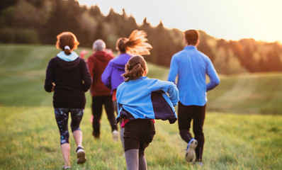 Rear view of large group of people cross country running in nature.