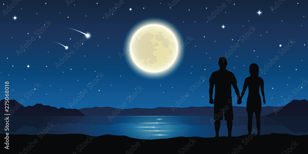 romantic night couple in love at the lake with full moon and falling ...