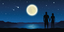 Romantic Night Couple In Love At The Lake With Full Moon And Falling Stars Vector Illustration EPS10