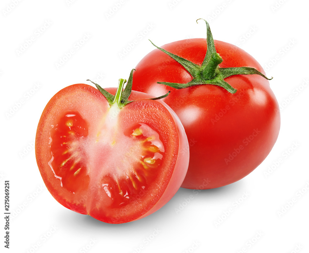 Composition with whole and sliced tomatoes isolated on white background. Full depth of field. - obrazy, fototapety, plakaty 