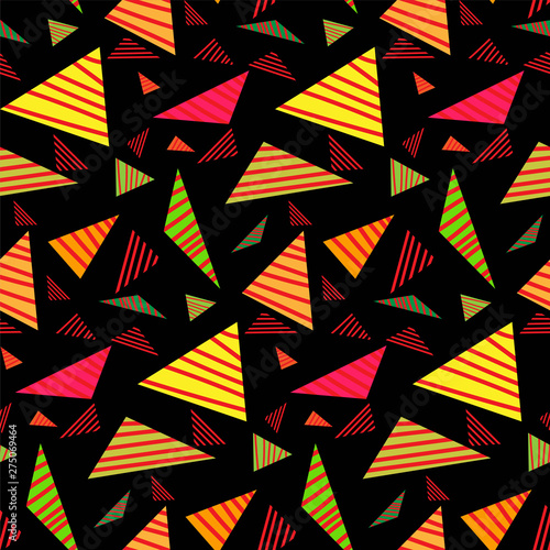Seamless repeating background of colored triangles and lines.