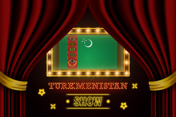 Show time board for performance, cinema, entertainment, roulette, poker of Turkmenistan country event. Shining light bulbs vintage of Turkmenistan country name