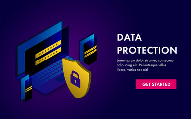 Wall Mural - Data protection concept template. Laptop, tablet, mobile check and software access data as confidential. Data protection banner, infographics, landing pages. Flat isometric vector illustration.