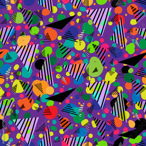 Seamless repeating background of colored triangles and lines.