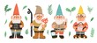 Collection of garden gnomes or dwarfs holding lantern, banner, mushroom, watering can. Set of cute fairytale characters. Bundle of lawn ornaments or decorations. Flat cartoon vector illustration.