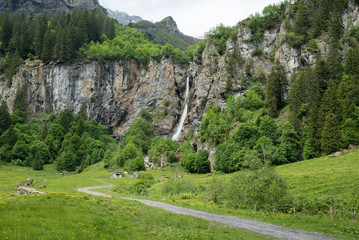 Fotomurales - landscape view of a high picturesque waterfall in lush green forest and mountain landscape