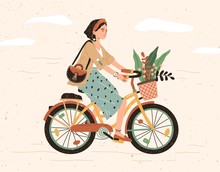 Funny Smiling Girl Dressed In Stylish Clothes Riding Bicycle With Flower Bouquet In Front Basket. Cute Happy Young Woman On Bike. Adorable Female Bicyclist. Flat Cartoon Colorful Vector Illustration.