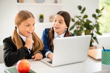 Wall Mural - Portrait of two person nice-looking attractive charming cute lovely winsome cheerful cheery girls learners researching subject browsing doing home work in light white interior class room indoors