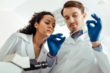 Wall Mural - low angle of positive professional scientists at work